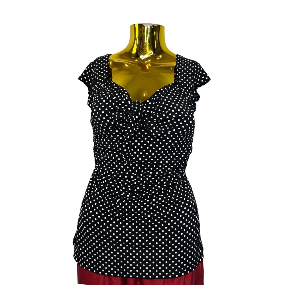 Y2k True Vintage Polka Dot Top Black White Sweetheart Neck Ruched Milkmaid M